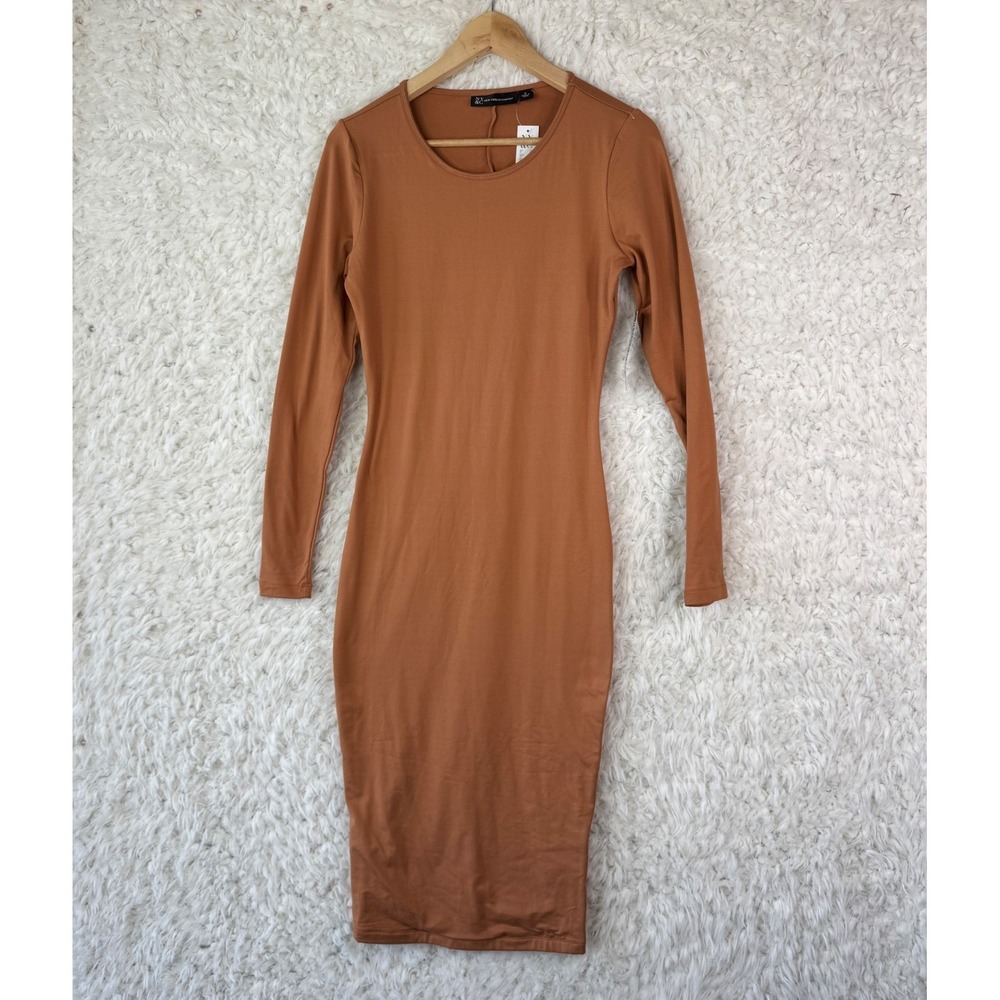 New York & Company Rust Orange Long Sleeve Bodycon Midi Dress Small Minimalist